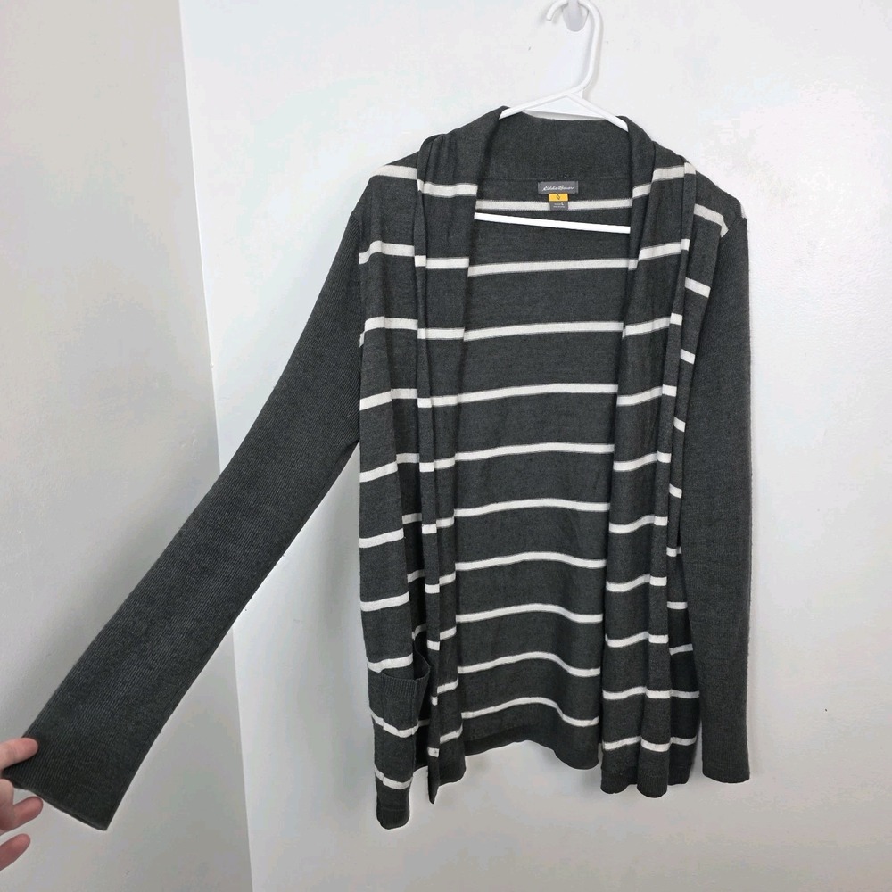 Eddie Bauer Gray White Striped Merino Wool Blend Outdoor Warm Cardigan Size L